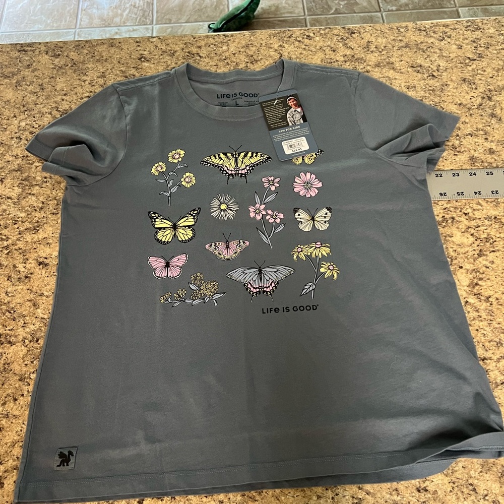 Life Is Good crusher Women’s Slate Blue Gray collection butterflies Tee shirt L - Picture 5 of 10